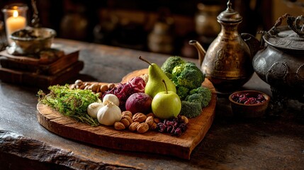 Assortment of healthy foods arranged in a heart shape, symbolizing love for nutritious eating and wellness.
