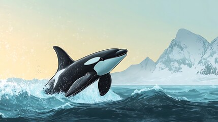 Fototapeta premium Orca leaping out of the water in a serene seascape.
