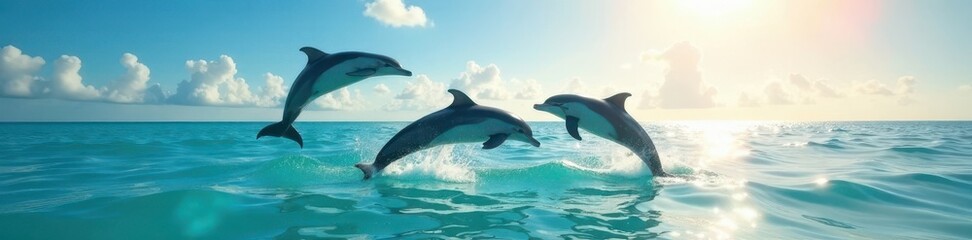 Obraz premium Dolphins leaping, turquoise water, sunlit sky, aquatic, scenic