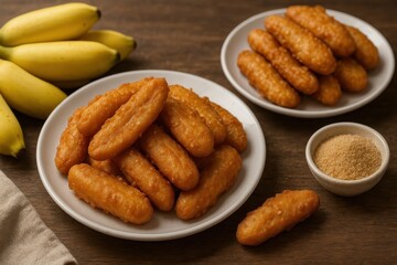 Fototapeta premium Golden Brown Fried Banana Fritters on White Plates with Brown Sugar
