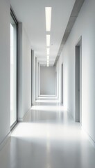 Empty modern office hallway, white walls, meeting room visible , clean, design