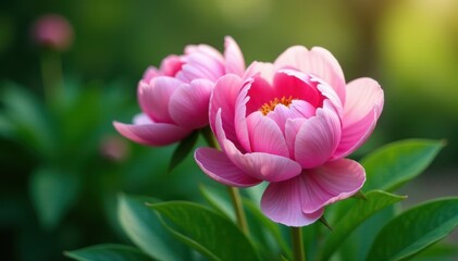 Fototapeta premium Full bloom pink peonies, soft petals, lush green foliage, garden, flora