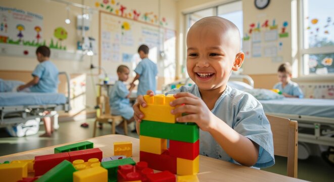 Child playing with blocks in a hospital room children building structure