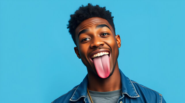 Black man, portrait or tongue on blue background, isolated mockup or wall backdrop mock up for comic, silly or emoji expression. Happy, funny face or goofy student with fashion, trend or cool clothes