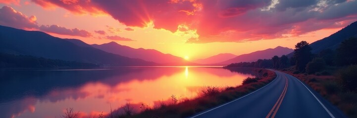 Obraz premium Serene sunset paints sky; calm lake reflects colors, road winds nearby , travel, fall