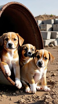 Three puppies sitting inside a rusty barrel on construction site  
