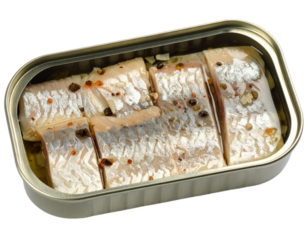 Marinated herring fillet in iron steel container isolated on white background. Suitable for marketing or business purposes. PNG file