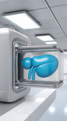 Fototapeta premium Pancreatic cancer concept showing blue pancreas inside medical scanner with bright lights in clinical room