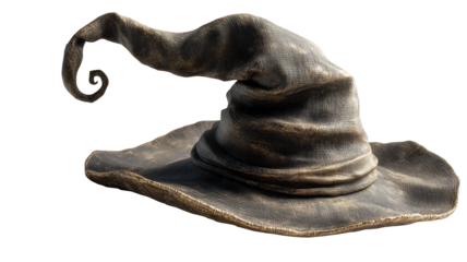 Witch hat PNG with dark, spooky shadows on transparent white background ideal cutout for Halloween graphics, eerie mockups, or themed digital art compositions
