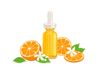 Serum with vitamin C. Citrus essential oil in dropper bottle. Vector cartoon flat illustration.