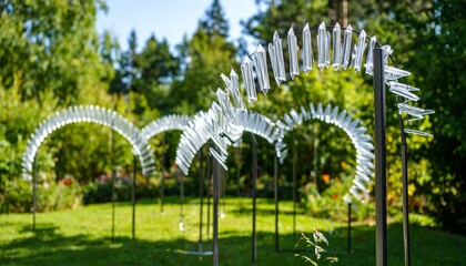 Kinetic Sculpture Installation in Lush Garden Setting