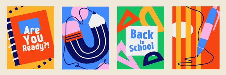 Set of Back to school cards. Creative flat style education icons, symbols, doodles on colorful background. Art collage, papers, hand drawn fun design elements. Bright colorful school subjects concept.