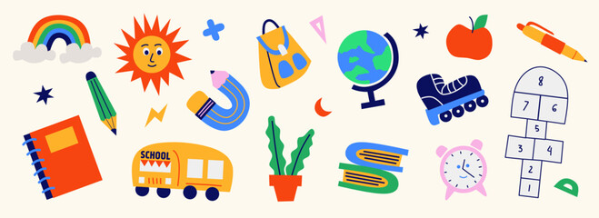 Back to school doodle design elements collection. Set of stationery vector illustration in cartoon retro flat style, equipment for study, items, supplies for learning, books, backpack, globe, pencil.