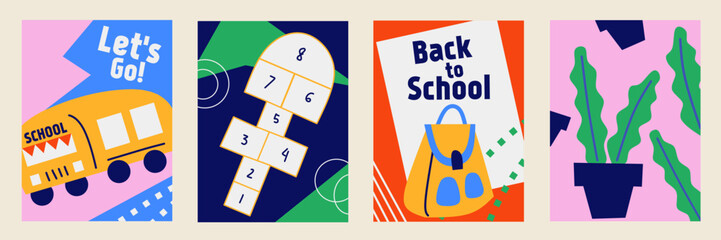 Set of Back to school cards. Modern flat style education icons, symbols, doodles on colorful background. Art collage, papers, hand drawn fun design elements. Bright colorful school subjects concept.