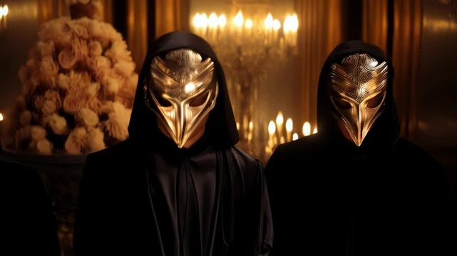 Figures wearing golden masks and black robes stand near candelabras in dim, mysterious lighting