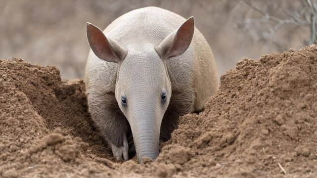Aardvark foraging in sandy terrain at sunset