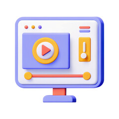 Colorful 3D illustration of multimedia entertainment software interface computer screen with play button and warning icon, vibrant and modern
