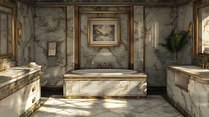 Washroom with gold accents a freestanding tub and a designer vanity.