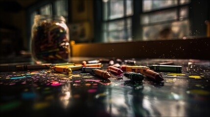 Colorful crayons scattered near blackboard, a playful burst of creativity in learning	
