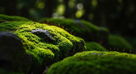 緑の苔むした岩のクローズアップ、自然の背景素材