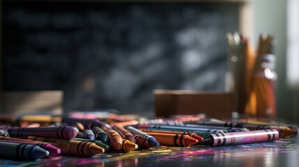 Colorful crayons scattered near blackboard, a playful burst of creativity in learning	
