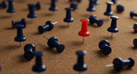 Solo Red Pushpin Stands Boldly Amidst Navy Blue Pins on Cork Board Detailed View