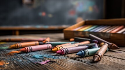Colorful crayons scattered near blackboard, a playful burst of creativity in learning	
