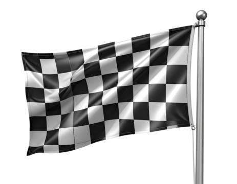 3D Render of Checkered Flag on Metallic Pole, Angled Side View, Transparent Background