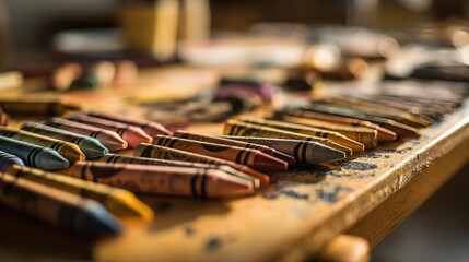 Colorful crayons scattered near blackboard, a playful burst of creativity in learning	
