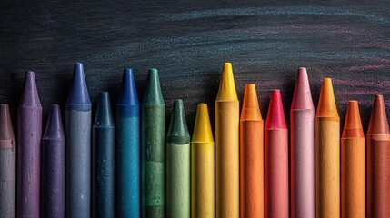 Colorful crayons scattered near blackboard, a playful burst of creativity in learning	
