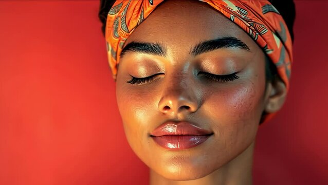 Serene woman with eyes closed, wearing a patterned headband against a red background.