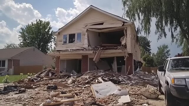 House partially collapsed with debris scattered around, under a bright sky with trees in the background