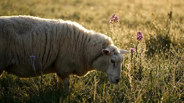 A serene sheep grazing in a sunlit meadow surrounded by wildflowers, capturing a peaceful pastoral scene at golden hour - fat-tailed sheep | kurdyuk