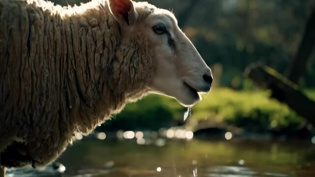 A serene sheep drinking from a calm stream in a lush green landscape, with sunlight filtering through the trees in the background - fat-tailed sheep | kurdyuk