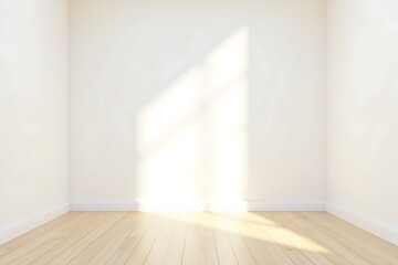 Empty room with wooden floor and white walls illuminated by natural light