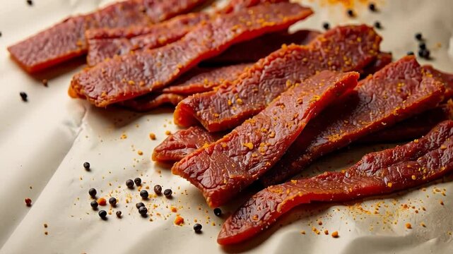 Dried beef strips seasoned with spices on parchment paper  