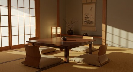 畳の部屋と座卓、障子のある和室のインテリア