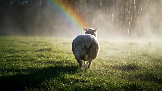 A serene sheep standing in a lush green field, with a rainbow arching in the misty background after a gentle rain - fat-tailed sheep | kurdyuk