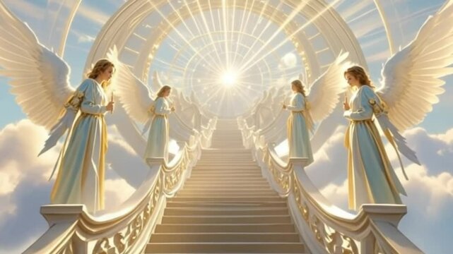 Radiant Angels Ascending Golden Light Spiral Staircase Through Singing Clouds with Celestial Choir and Pastel Sky 4K Fantasy Cinematic video background