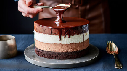 Expert Baker Skillfully Pouring Rich, Glossy Chocolate Ganache Over a Decadent Layered Mousse Cake