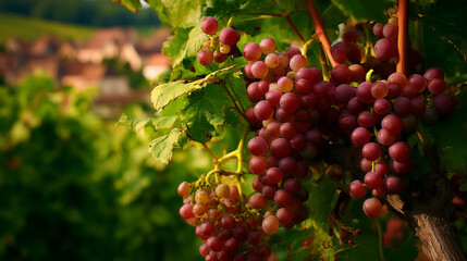 Vibrant Red Grapes Ripening on a Vine in a Lush Vineyard with a Hint of a Village in the Background