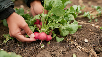 Hands Carefully Harvesting Freshly Grown Red Radishes from Dark, Fertile Soil