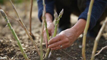 Gardener's Hands Harvesting Fresh Green Asparagus Spears from the Ground