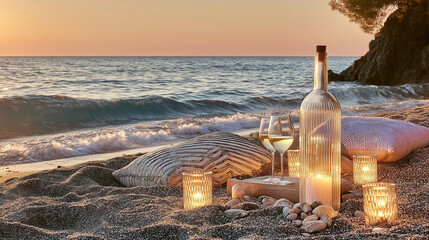 Serene Golden Hour Beach Picnic with White Wine and Glowing Candles by the Ocean Waves