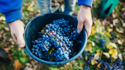 Worker's Hands Gently Collecting Ripe Grapes During the Annual Vineyard