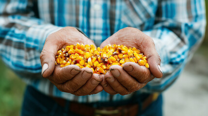 Farmer's Cupped Hands with Freshly Harvested Golden Yellow Corn Kernels