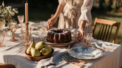 Elegant Outdoor Setting Featuring a Decadent Bundt Cake and Fresh Pears Ready for a Festive Gathering