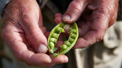 Experienced Hands Gently Opening a Fresh Pea Pod to Reveal Plump Green Peas Inside