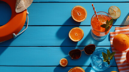 Refreshing Aperol Spritz Cocktail by the Poolside with an Orange Lifebuoy