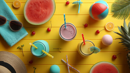 Flatlay of Refreshing Smoothies and Summer Essentials on a Vibrant Yellow Surface